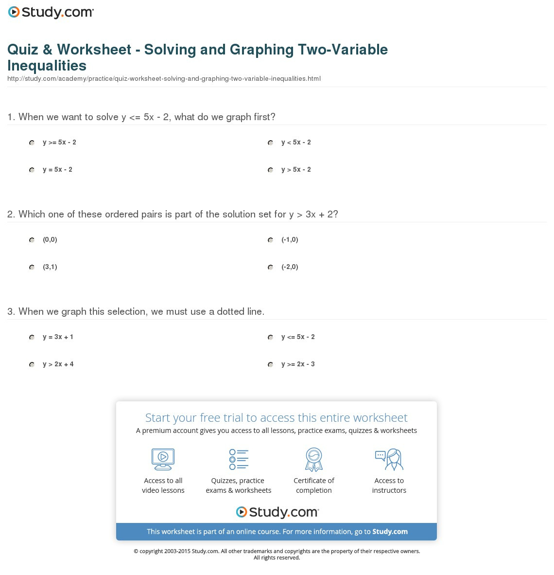Quiz  Worksheet  Solving And Graphing Twovariable Inequalities