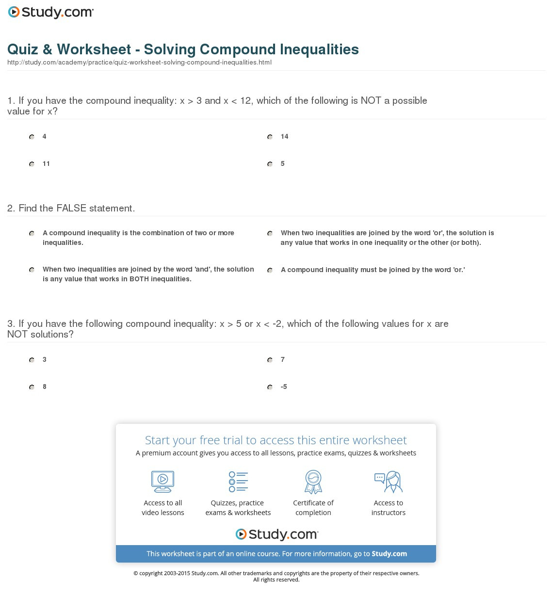 Quiz  Worksheet  Solving Compound Inequalities  Study