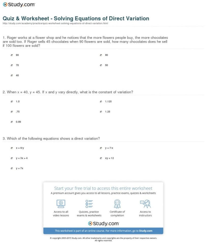 Quiz Worksheet Solving Equations Of Direct Variation