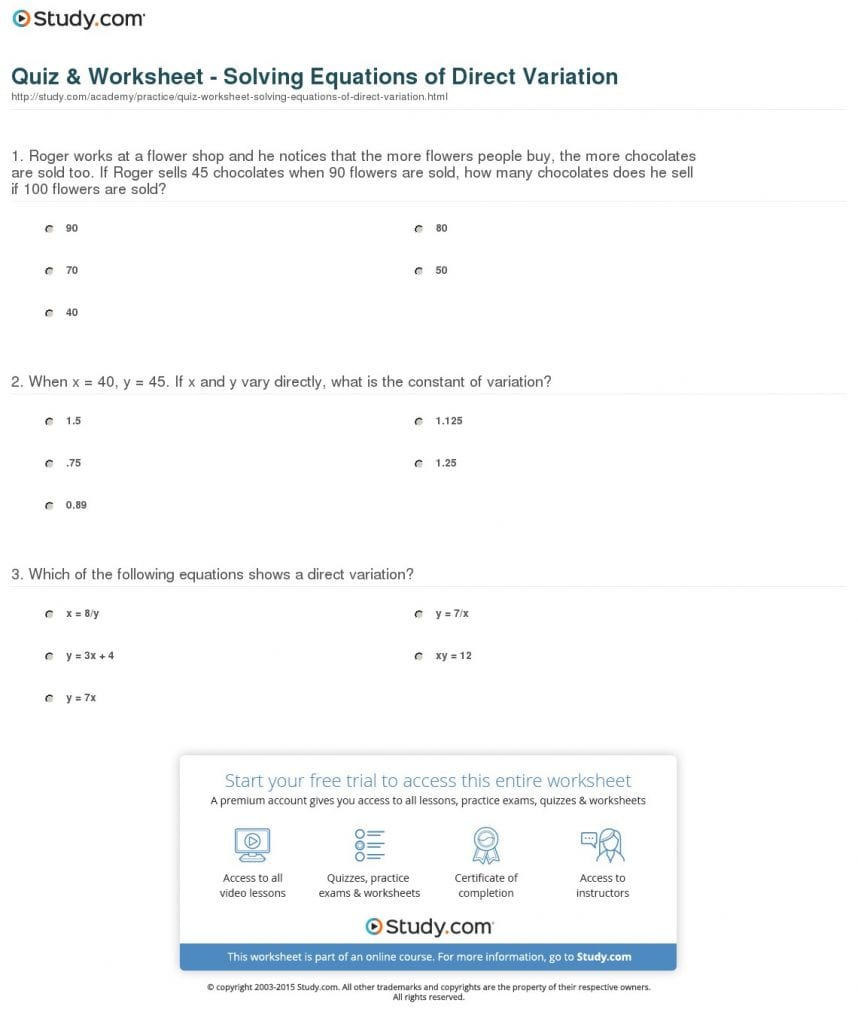 Quiz Worksheet Solving Equations Of Direct Variation