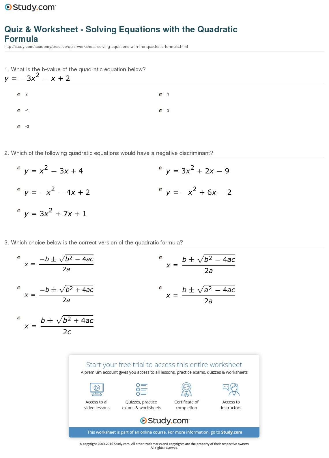 Quiz  Worksheet  Solving Equations With The Quadratic