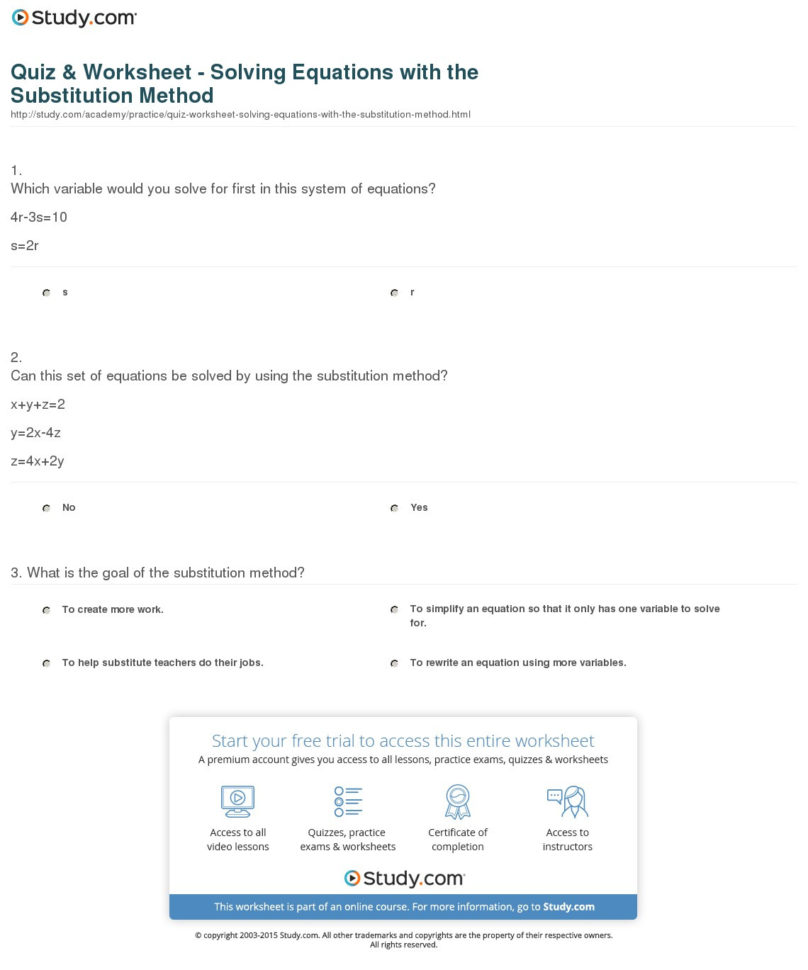 Quiz  Worksheet  Solving Equations With The Substitution