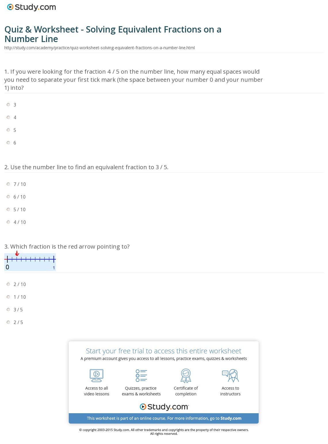 Quiz  Worksheet  Solving Equivalent Fractions On A Number