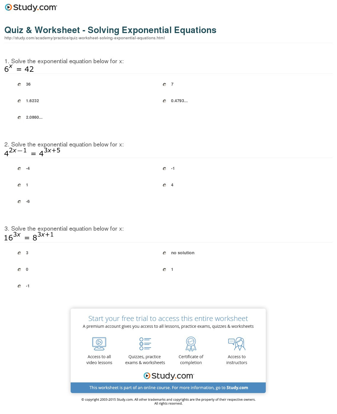 Quiz  Worksheet  Solving Exponential Equations  Study