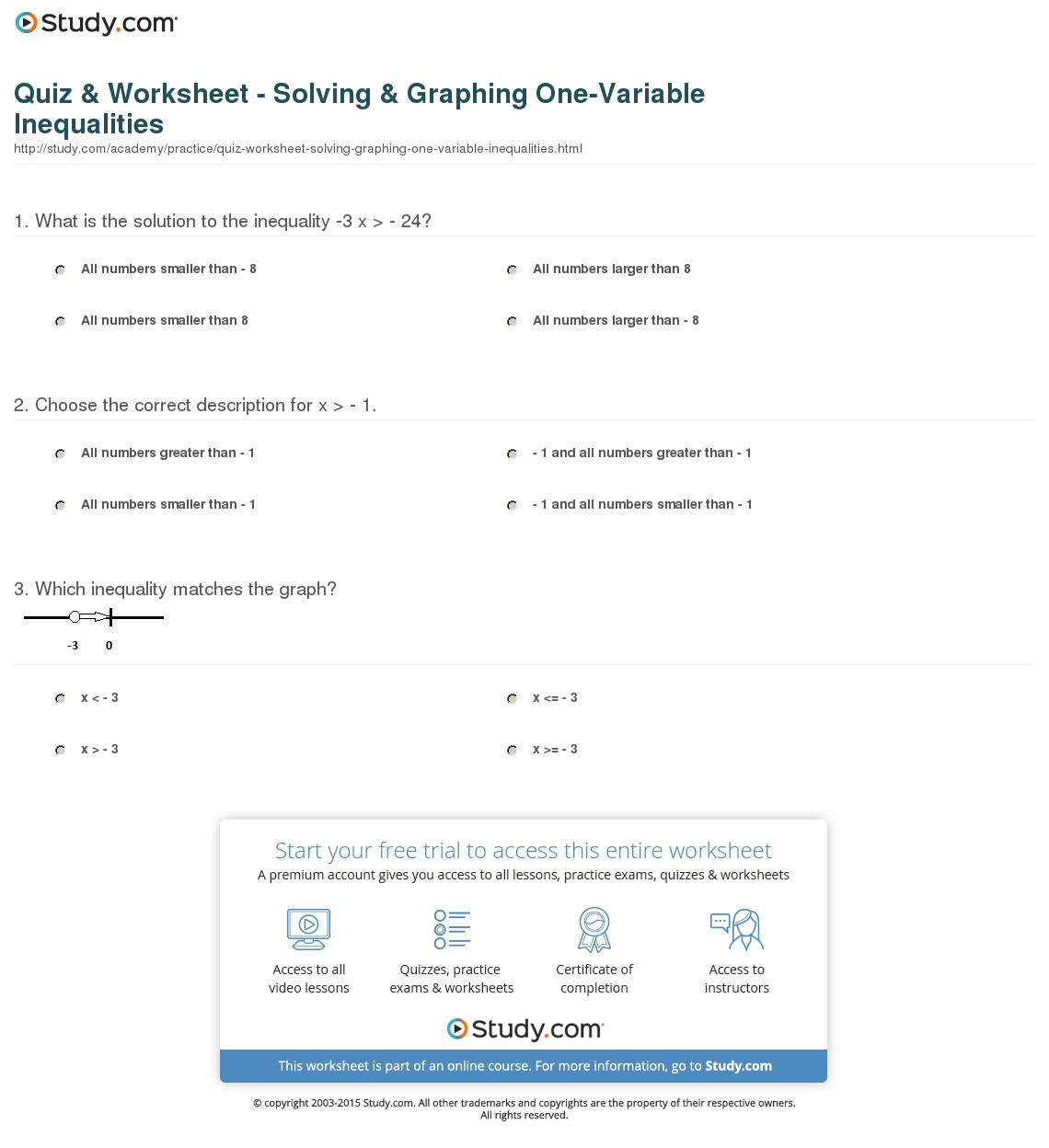 Quiz  Worksheet  Solving  Graphing Onevariable
