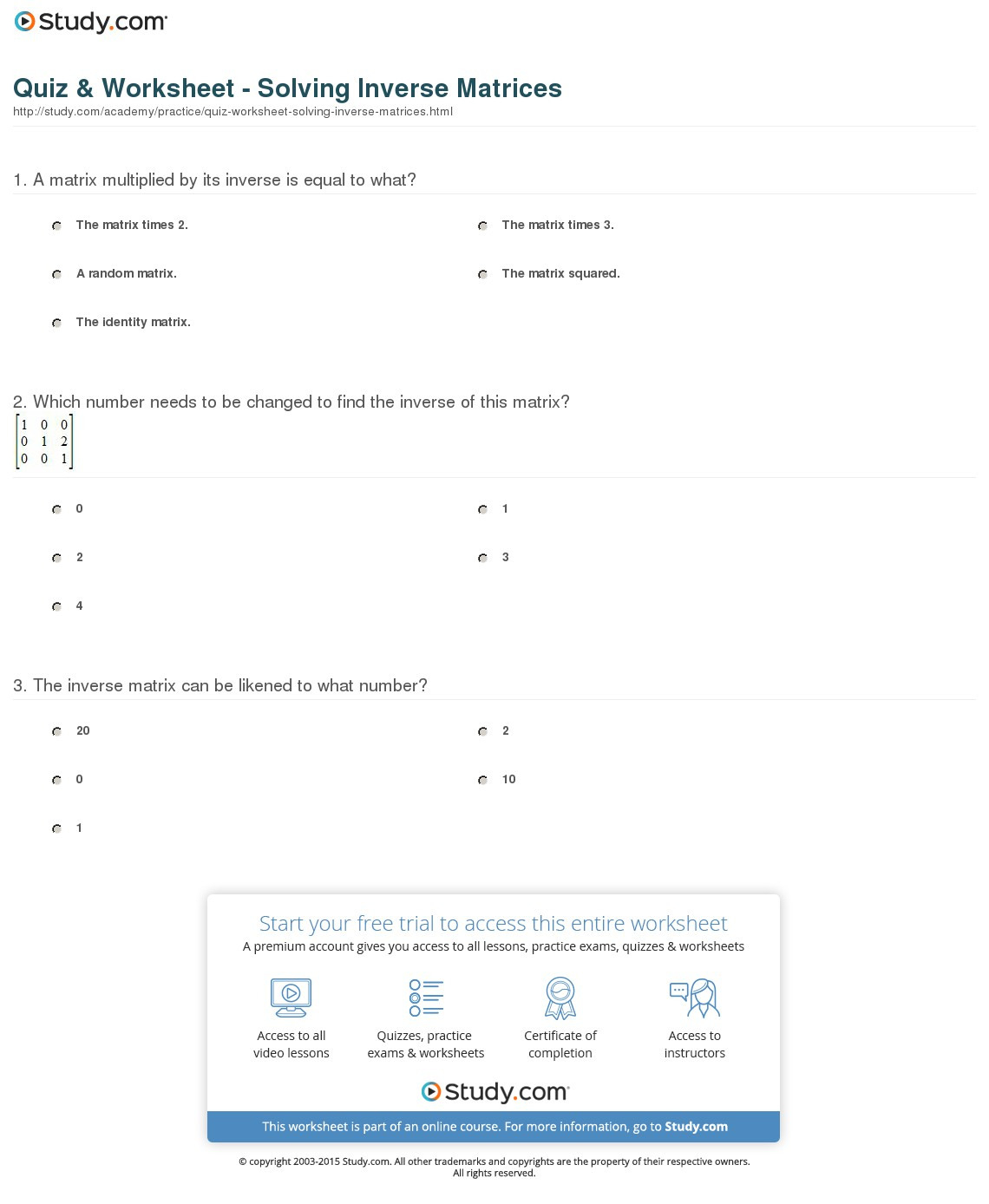 Quiz  Worksheet  Solving Inverse Matrices  Study