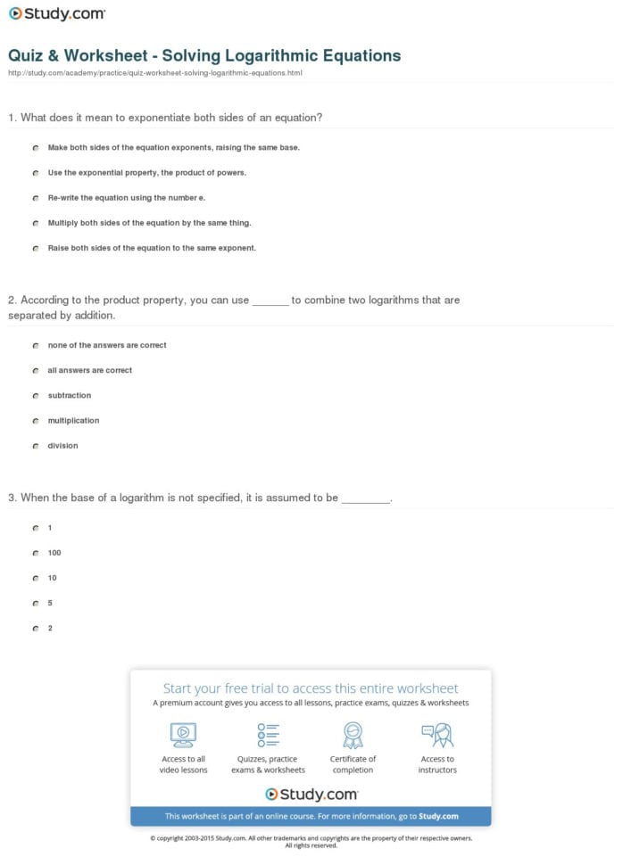 Quiz  Worksheet  Solving Logarithmic Equations  Study