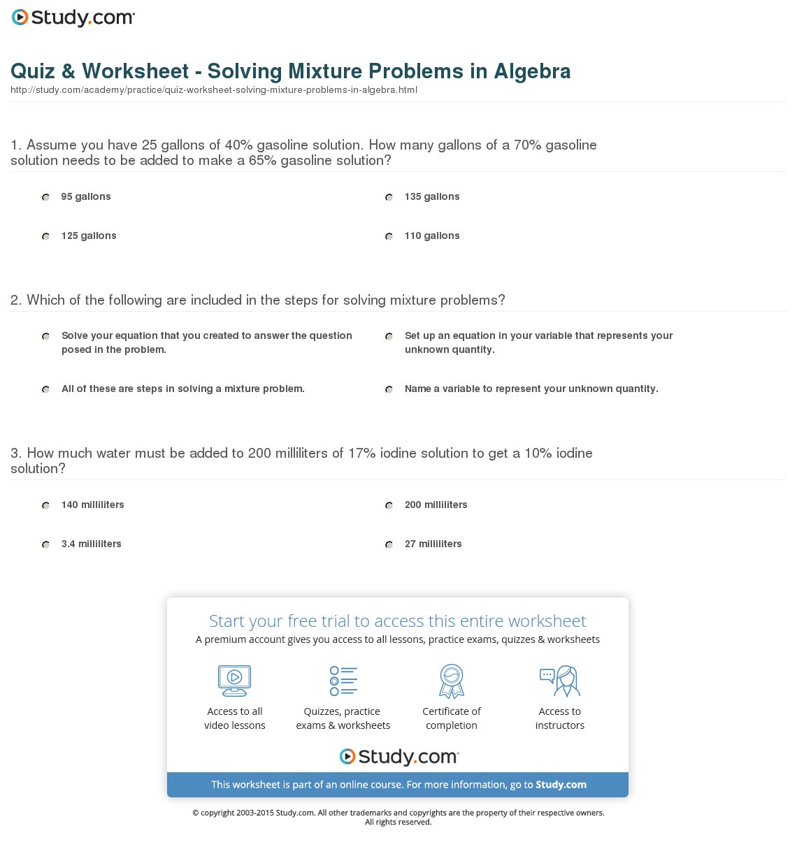 Quiz  Worksheet  Solving Mixture Problems In Algebra