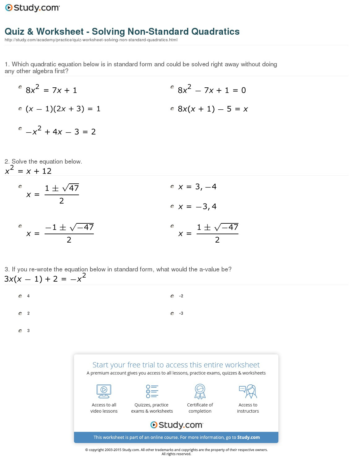 Quiz  Worksheet  Solving Nonstandard Quadratics  Study