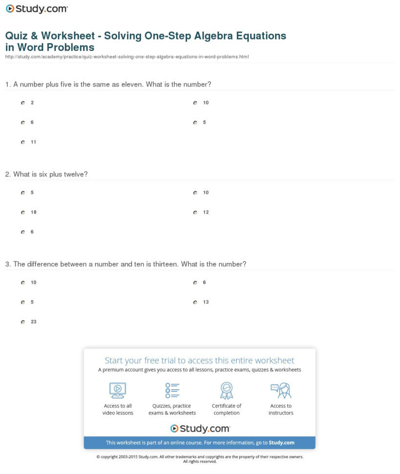 Quiz  Worksheet  Solving Onestep Algebra Equations In