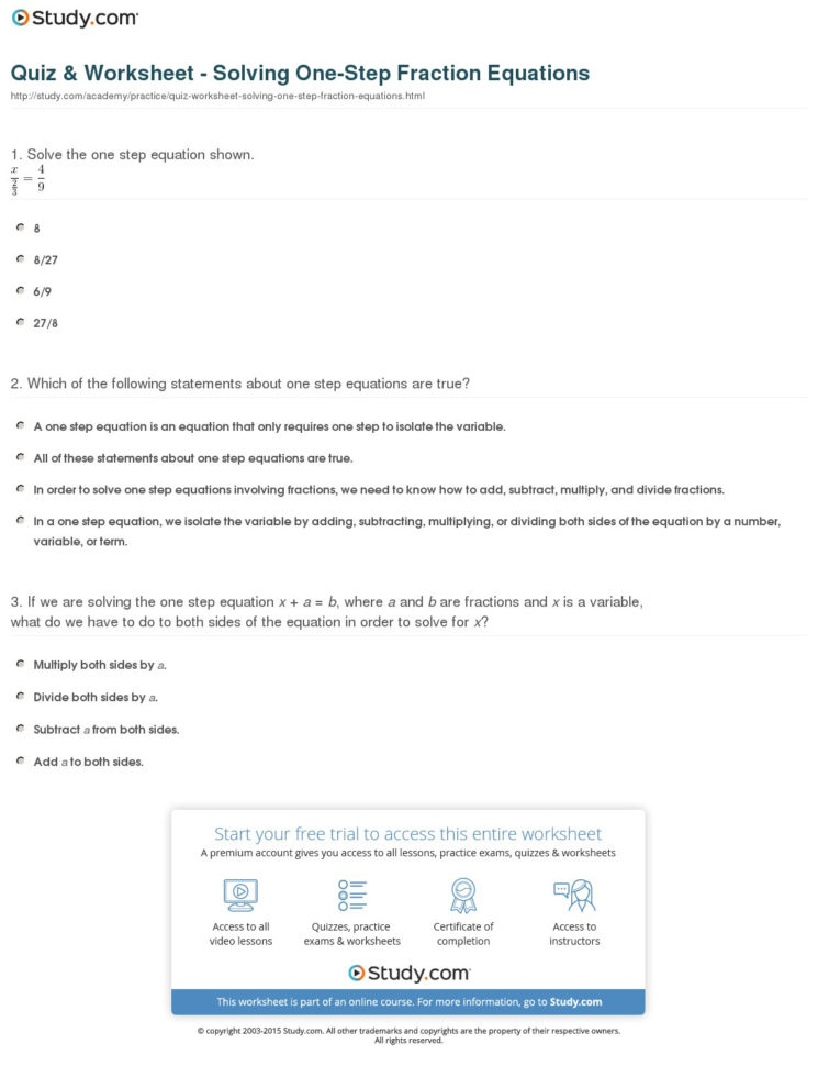 Quiz  Worksheet  Solving Onestep Fraction Equations