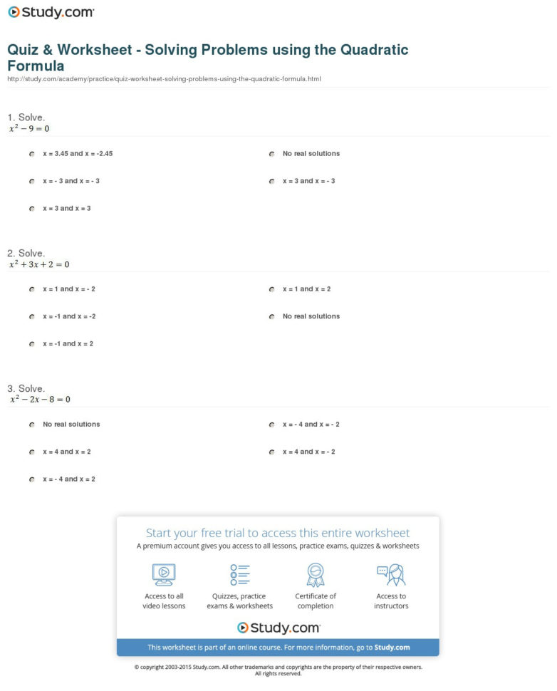 Quiz  Worksheet  Solving Problems Using The Quadratic Formula