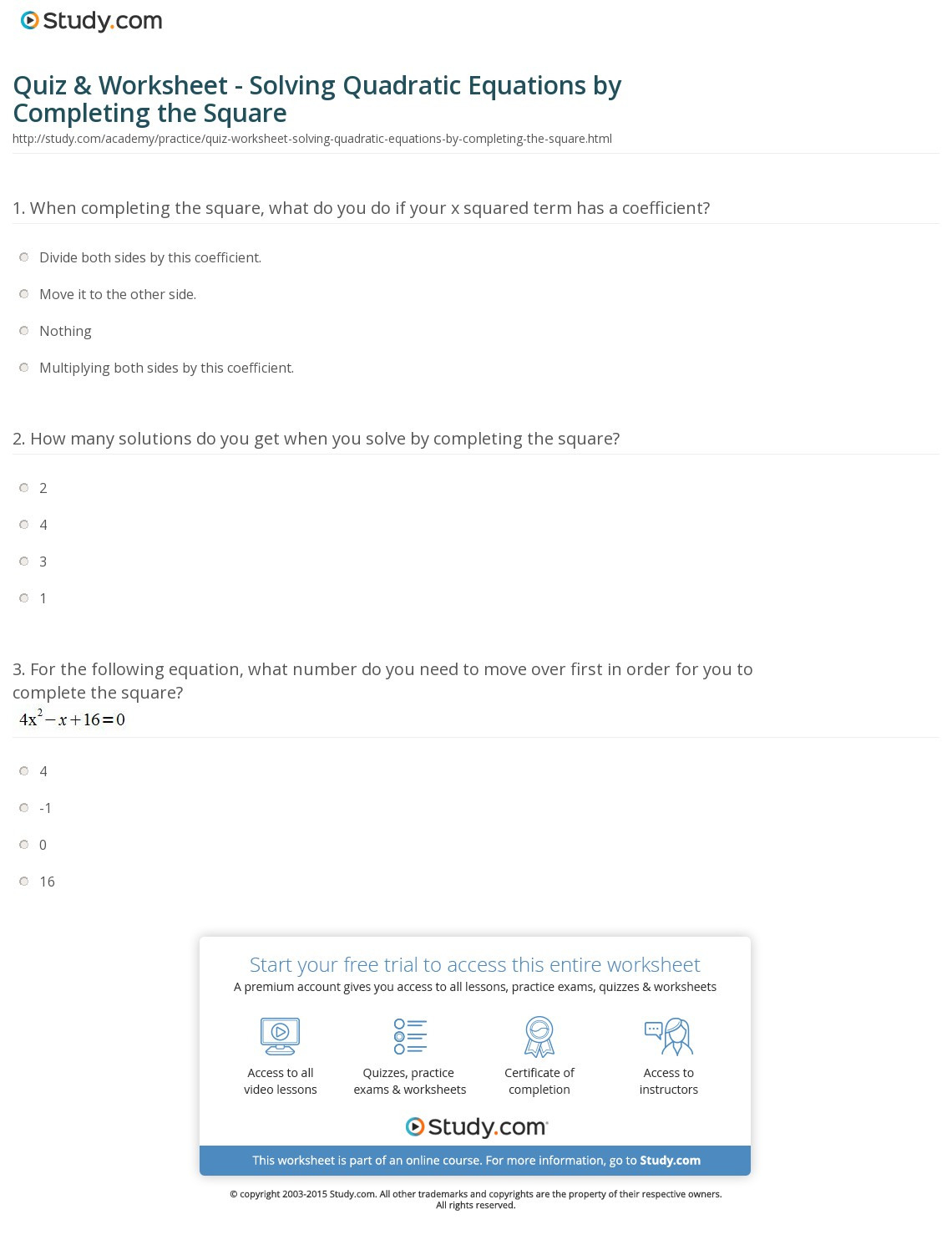 Quiz  Worksheet  Solving Quadratic Equationscompleting