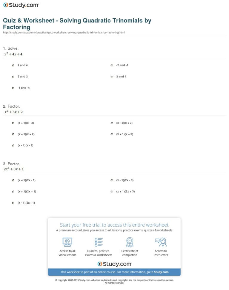 Quiz  Worksheet  Solving Quadratic Trinomialsfactoring