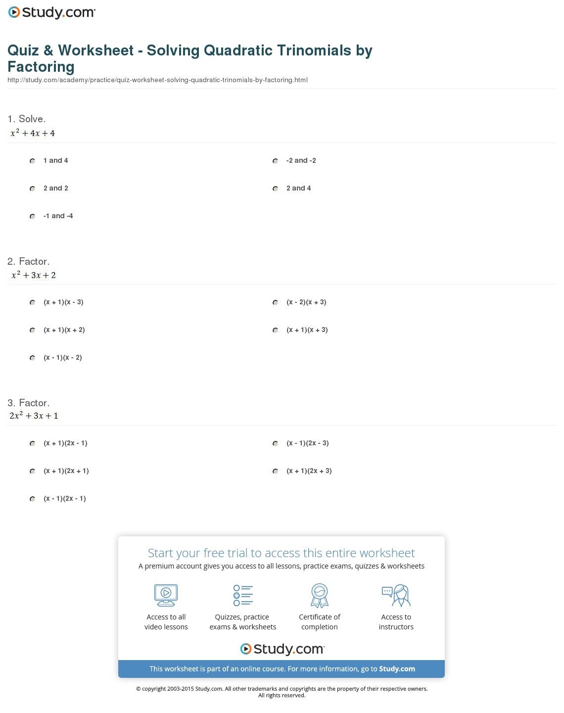 Quiz  Worksheet  Solving Quadratic Trinomialsfactoring  Study