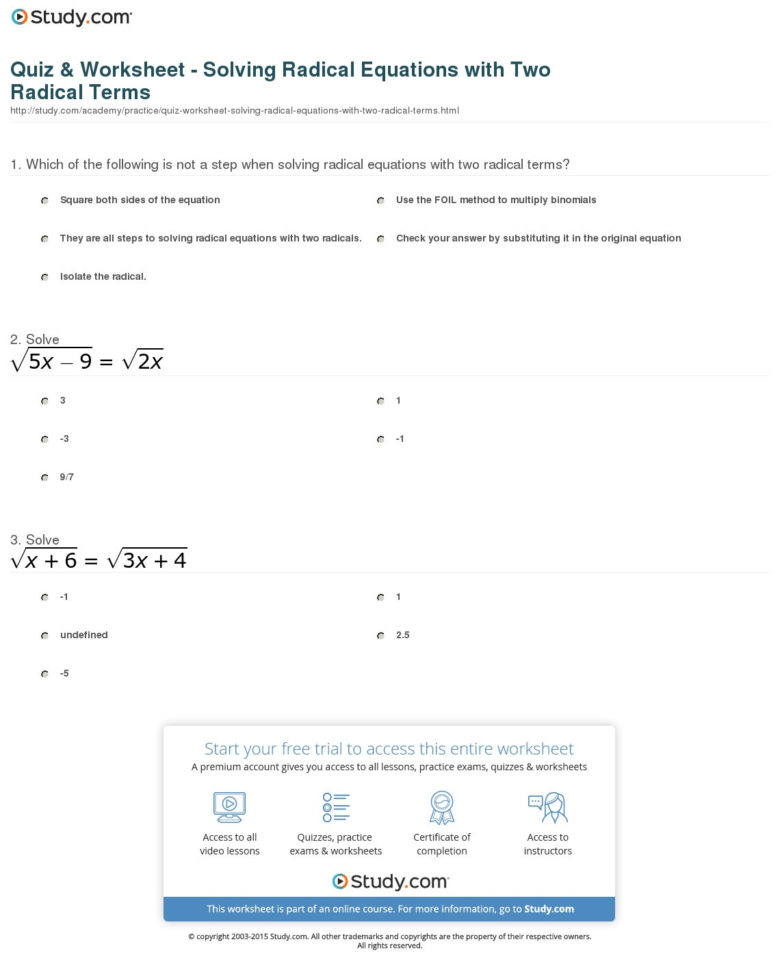 Quiz  Worksheet  Solving Radical Equations With Two Quiz  Worksheet  Solving Radical Equations With Two