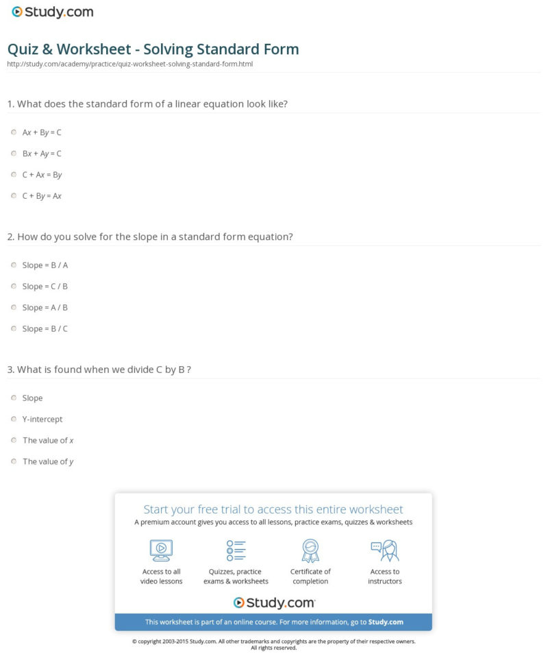 Quiz  Worksheet  Solving Standard Form  Study
