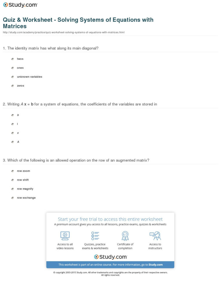 Quiz  Worksheet  Solving Systems Of Equations With
