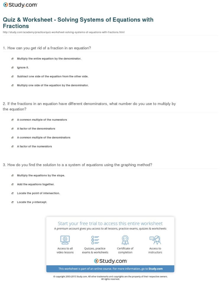 Quiz  Worksheet  Solving Systems Of Equations With