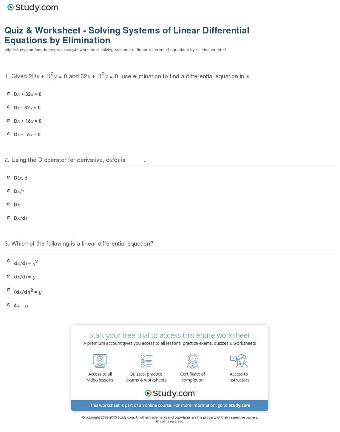 Quiz  Worksheet  Solving Systems Of Linear Differential
