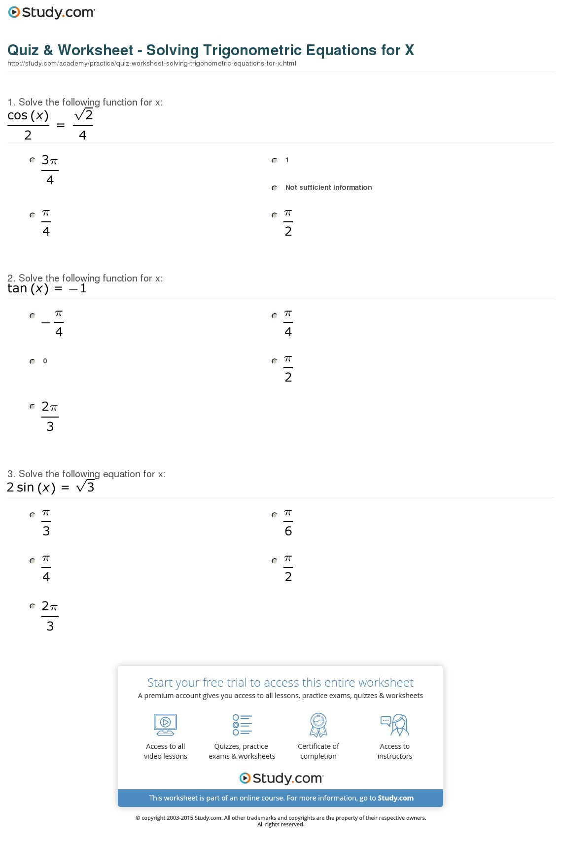 Quiz  Worksheet  Solving Trigonometric Equations For X