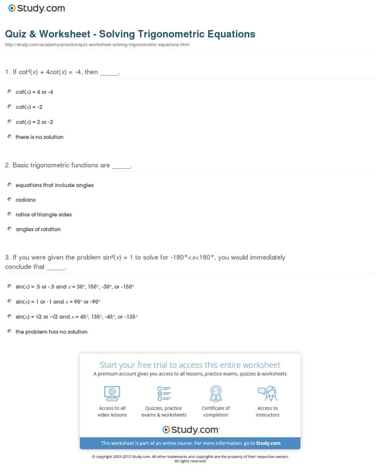 Quiz  Worksheet  Solving Trigonometric Equations  Study