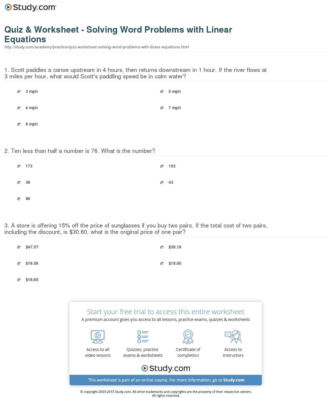 Linear Functions Word Problems Worksheet