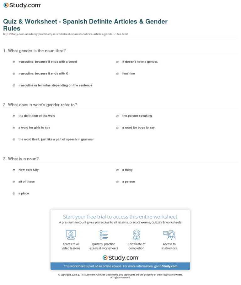 The Gender Of Nouns Spanish Worksheet Answers — Db 2066