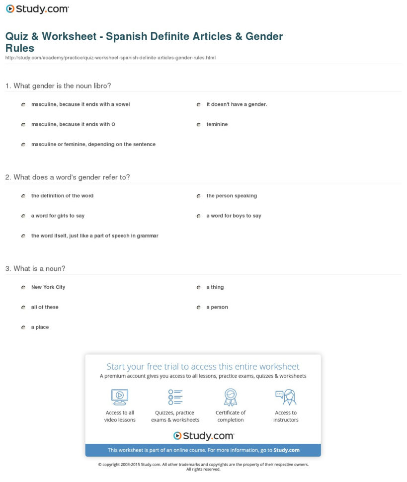 Quiz  Worksheet  Spanish Definite Articles  Gender Rules