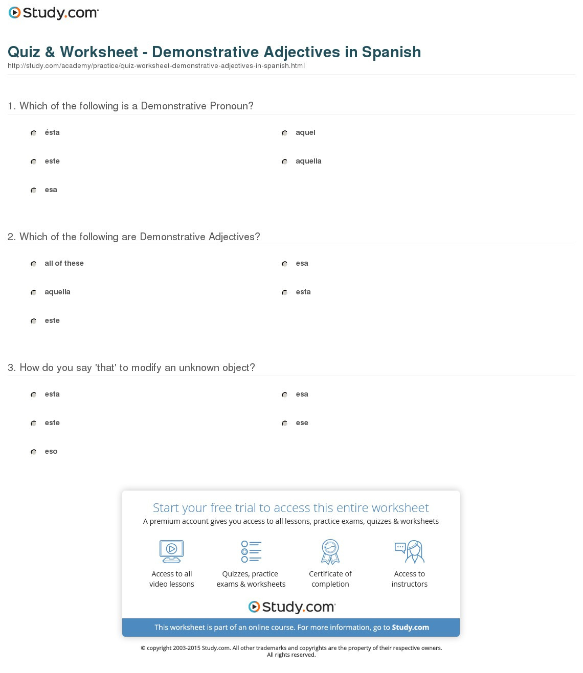 Demonstrative Adjectives Spanish Worksheet