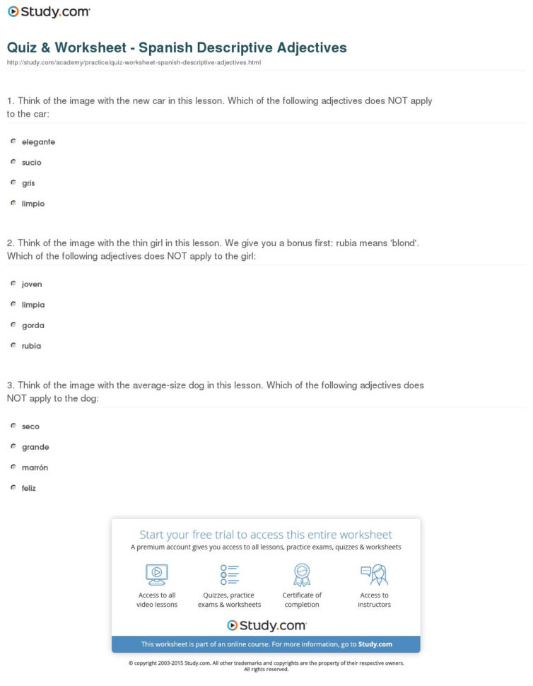 Quiz  Worksheet  Spanish Descriptive Adjectives  Study