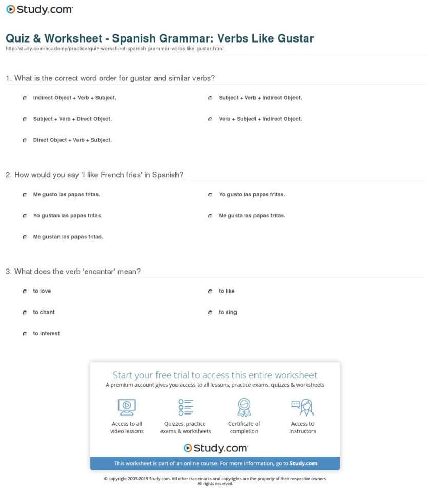 Quiz  Worksheet  Spanish Grammar Verbs Like Gustar