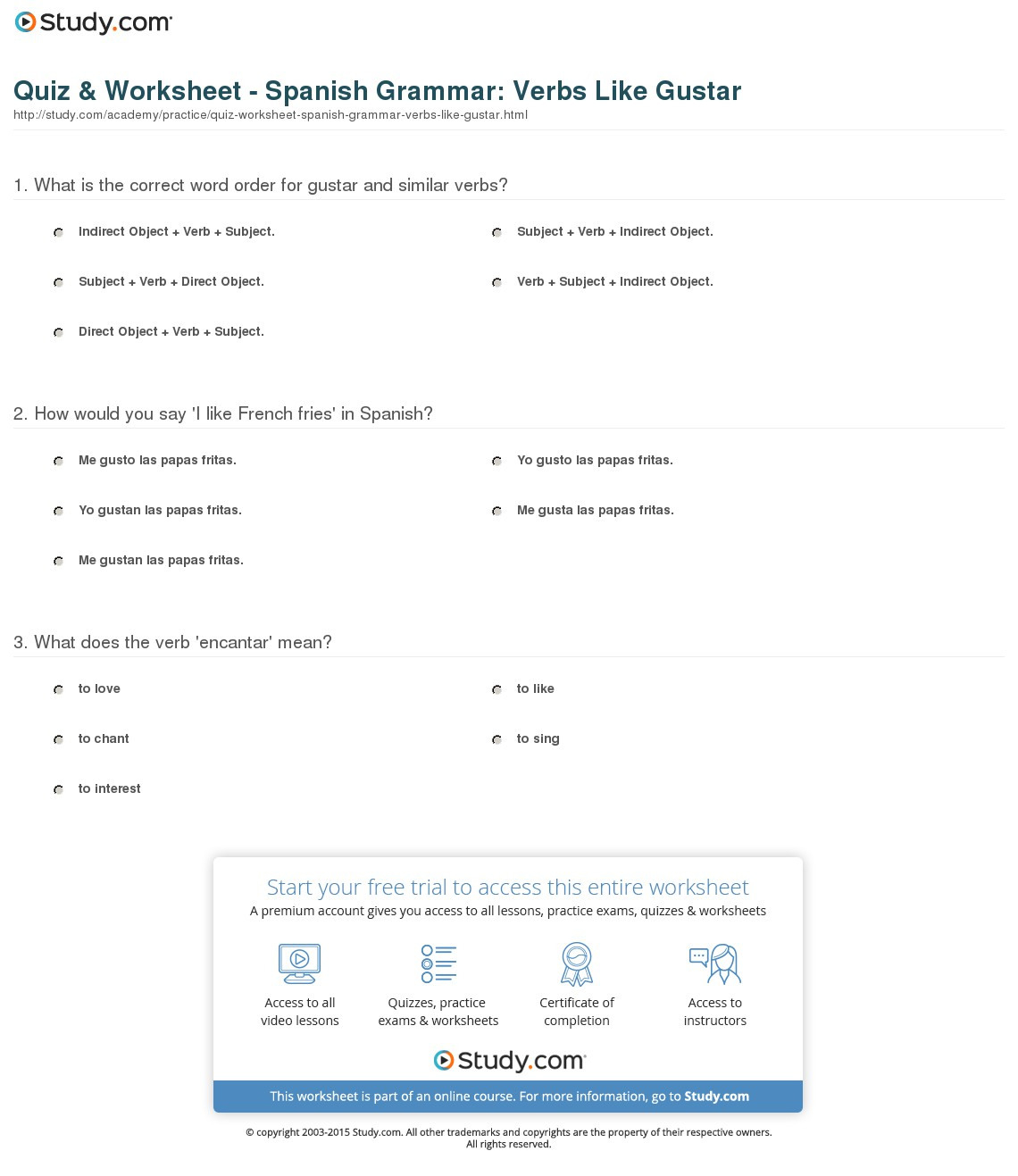 Quiz  Worksheet  Spanish Grammar Verbs Like Gustar