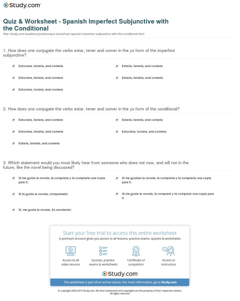 Quiz  Worksheet  Spanish Imperfect Subjunctive With The