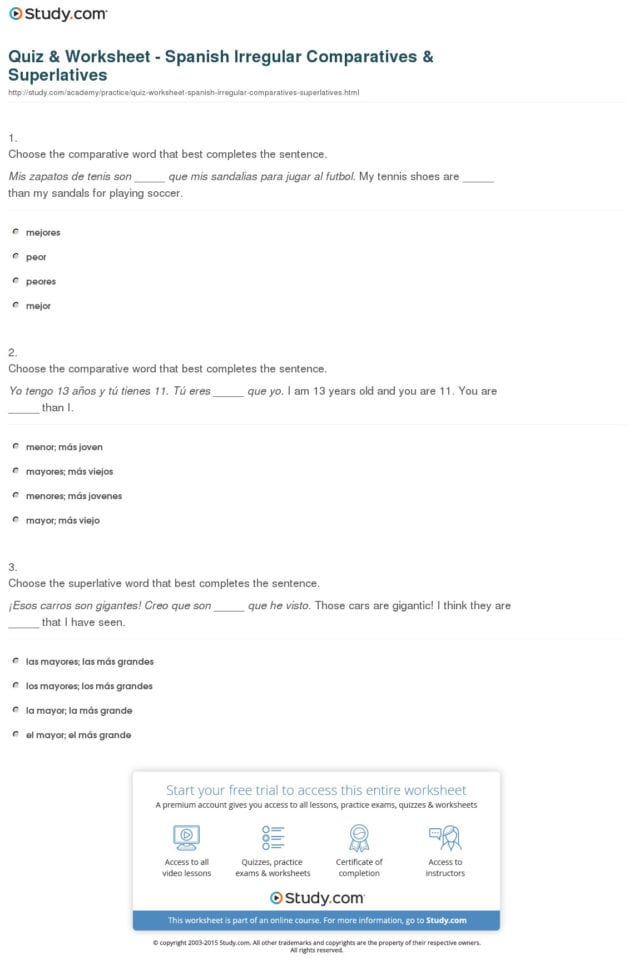 Quiz  Worksheet  Spanish Irregular Comparatives