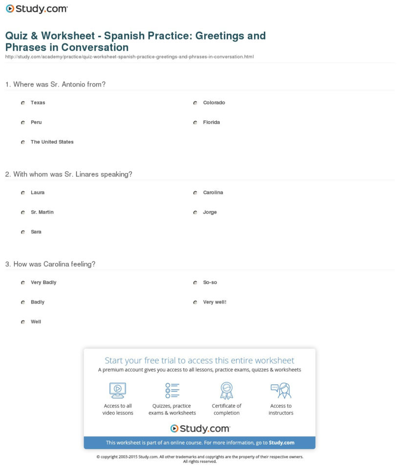 Quiz  Worksheet  Spanish Practice Greetings And Phrases