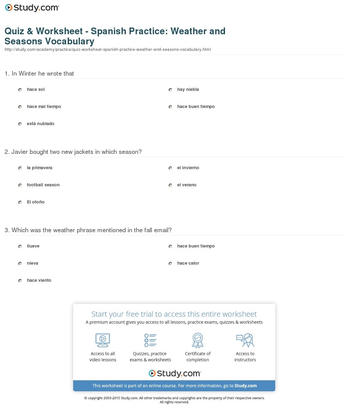 Quiz  Worksheet  Spanish Practice Weather And Seasons