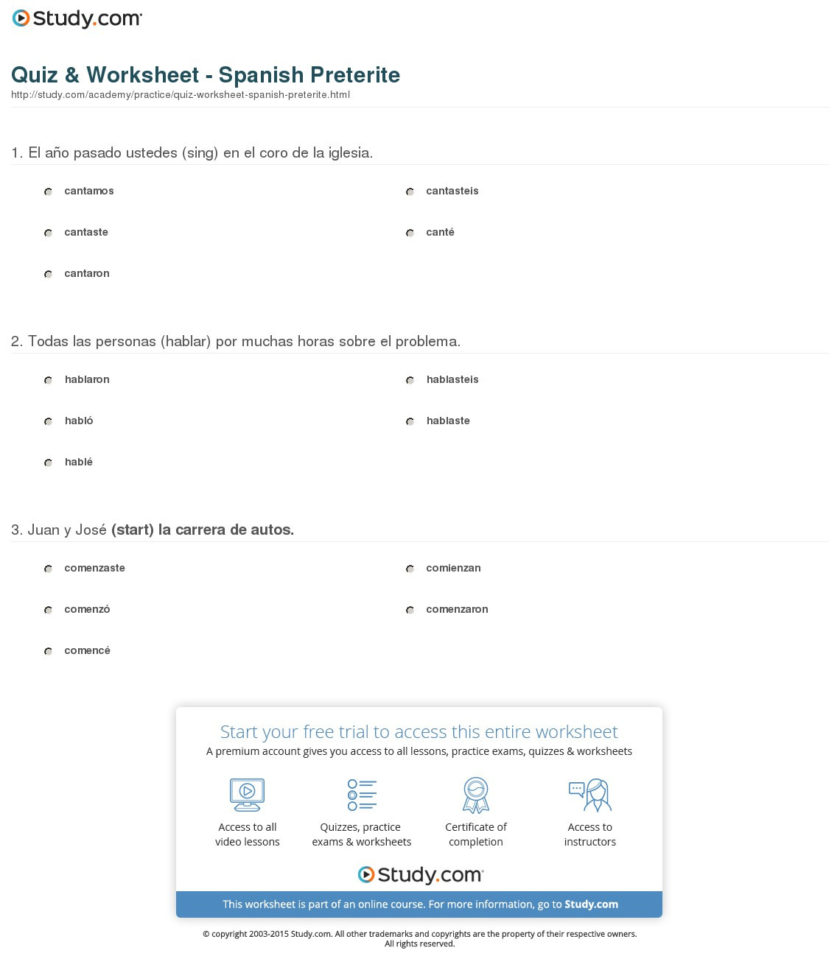 Quiz  Worksheet  Spanish Preterite  Study