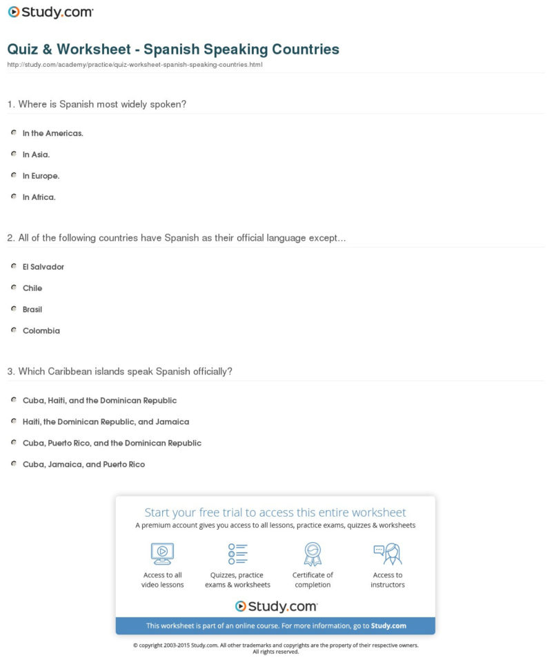 Quiz  Worksheet  Spanish Speaking Countries  Study