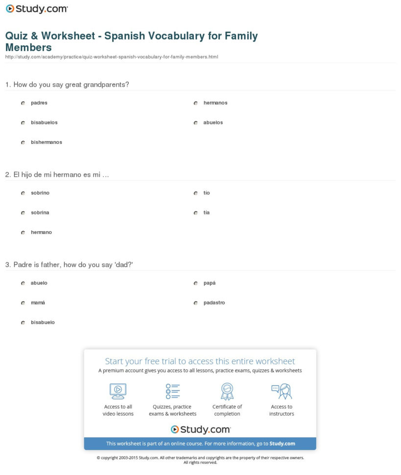 Quiz  Worksheet  Spanish Vocabulary For Family Members
