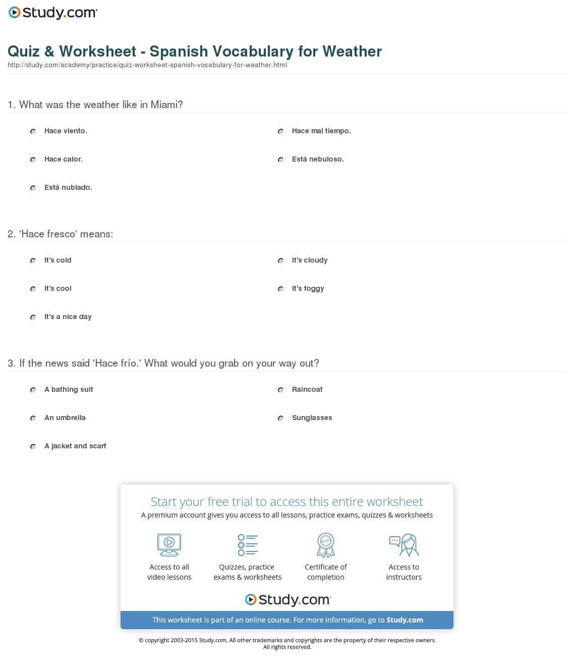 Quiz  Worksheet  Spanish Vocabulary For Weather  Study
