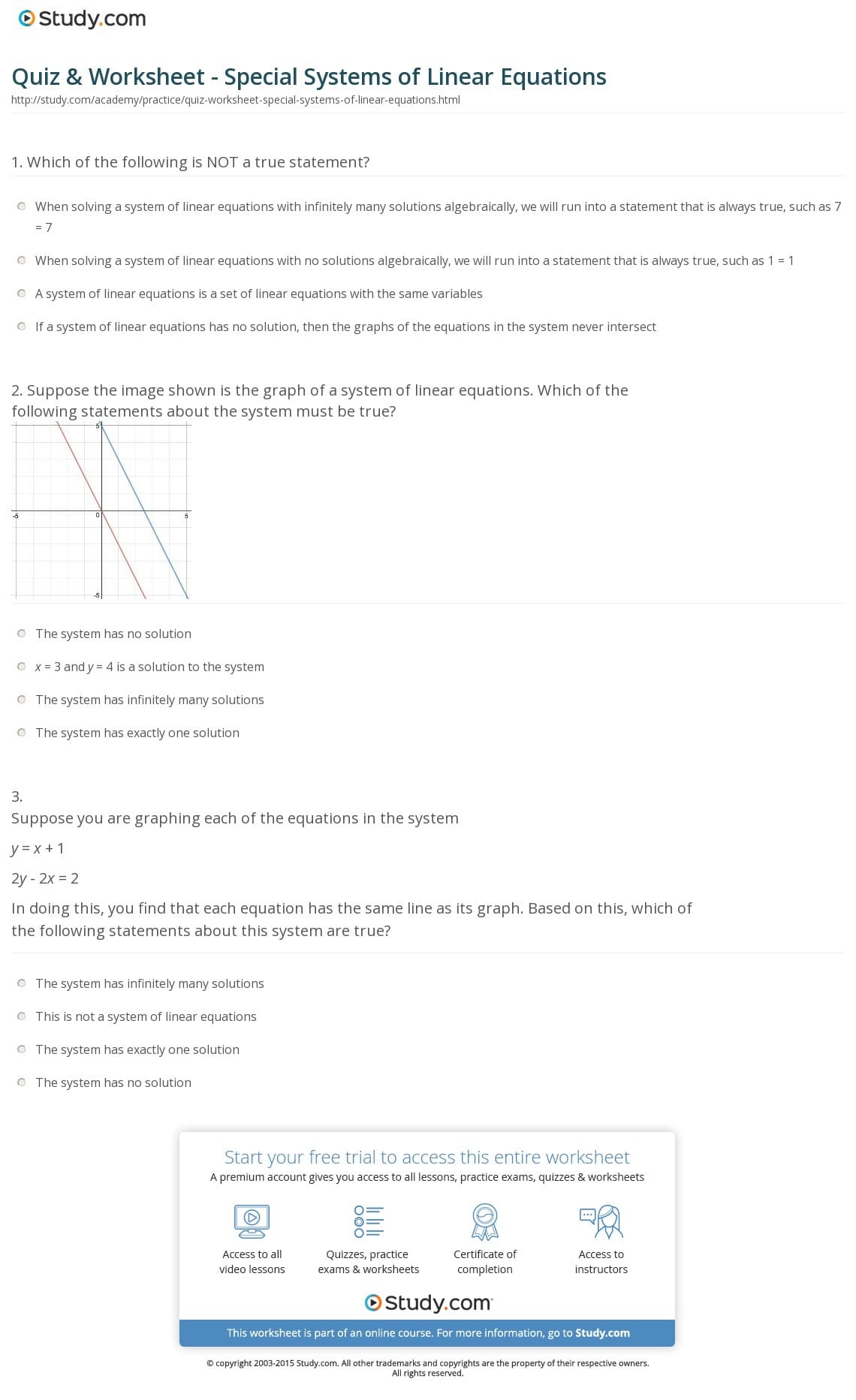 Quiz  Worksheet  Special Systems Of Linear Equations
