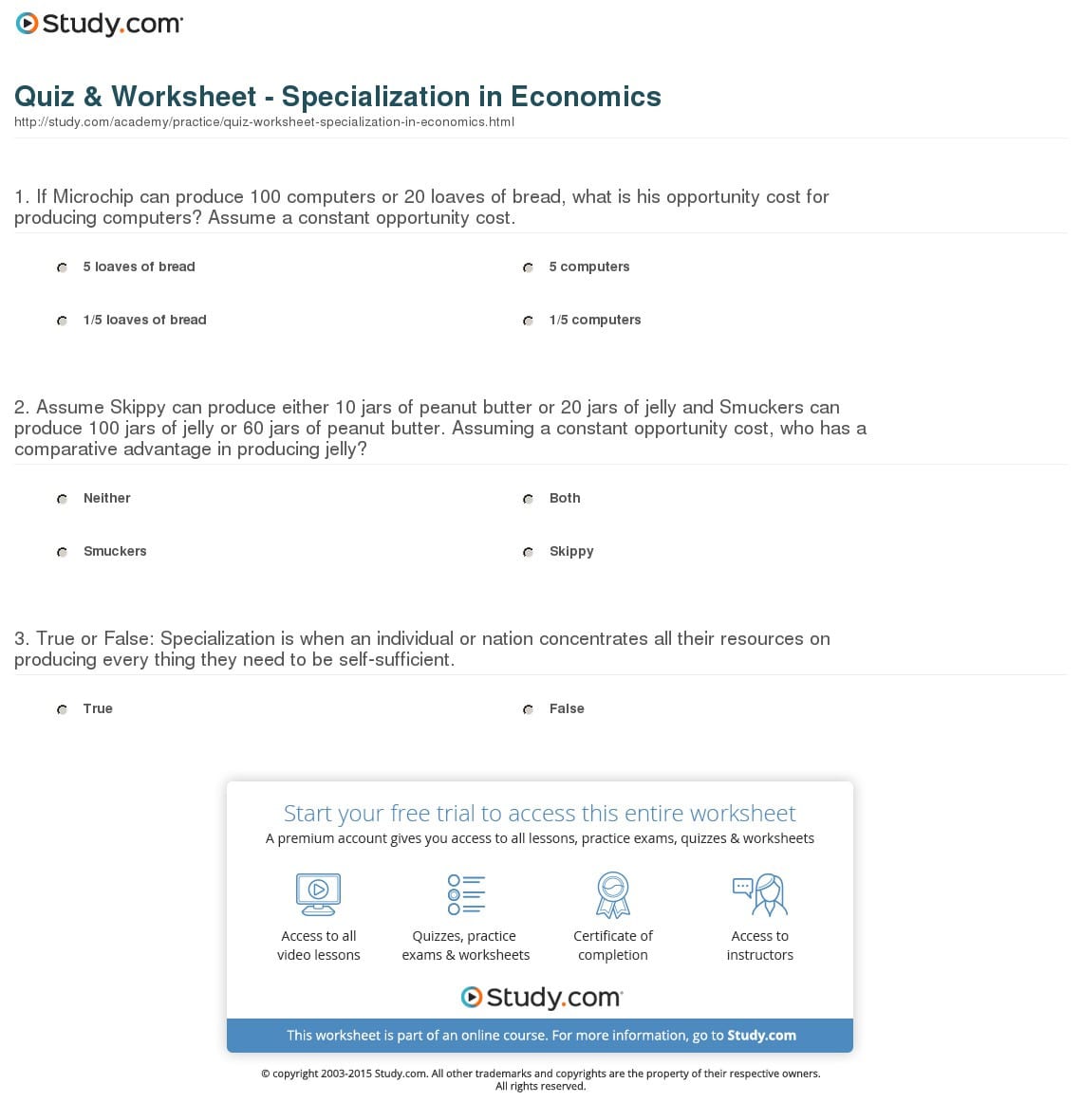 Quiz  Worksheet  Specialization In Economics  Study