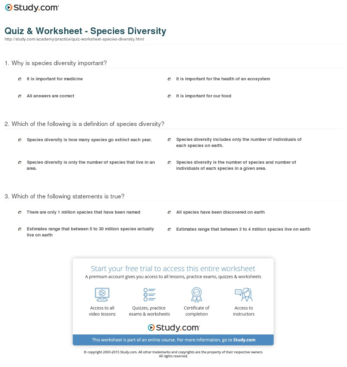 Quiz  Worksheet  Species Diversity  Study