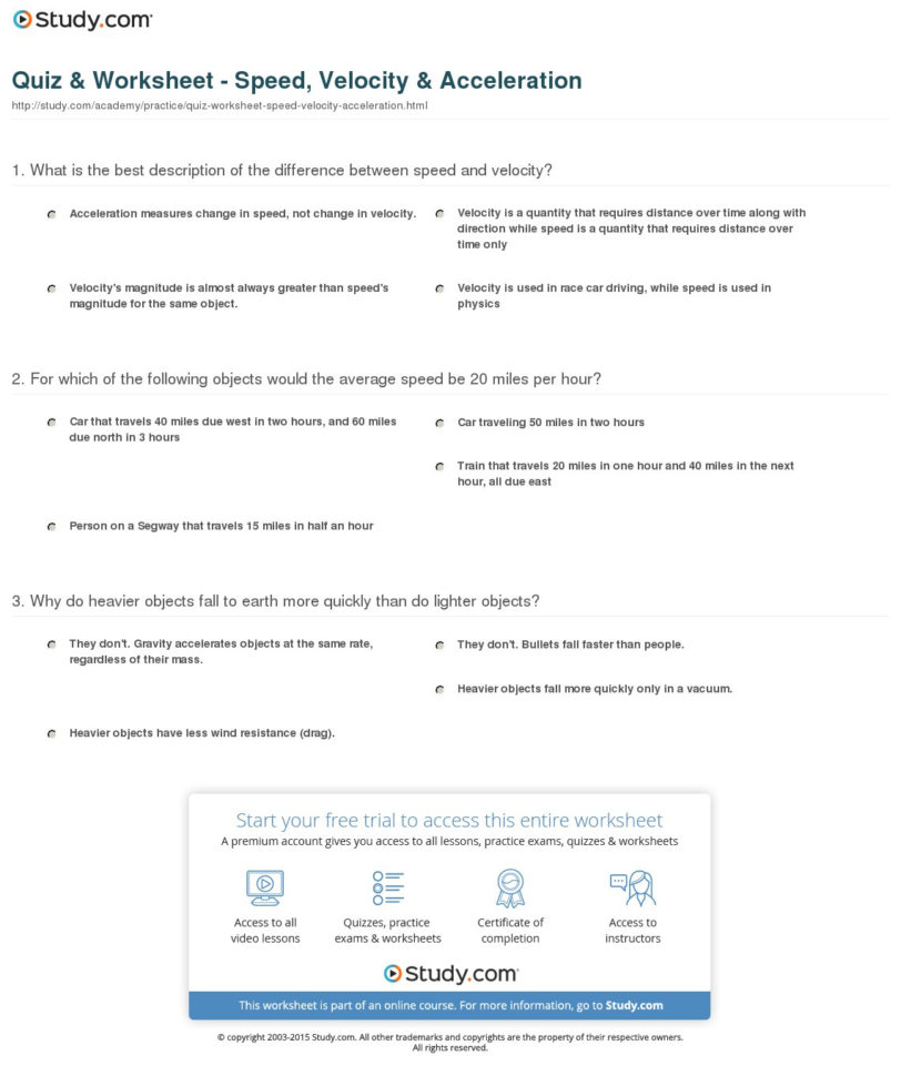 Quiz  Worksheet  Speed Velocity  Acceleration  Study