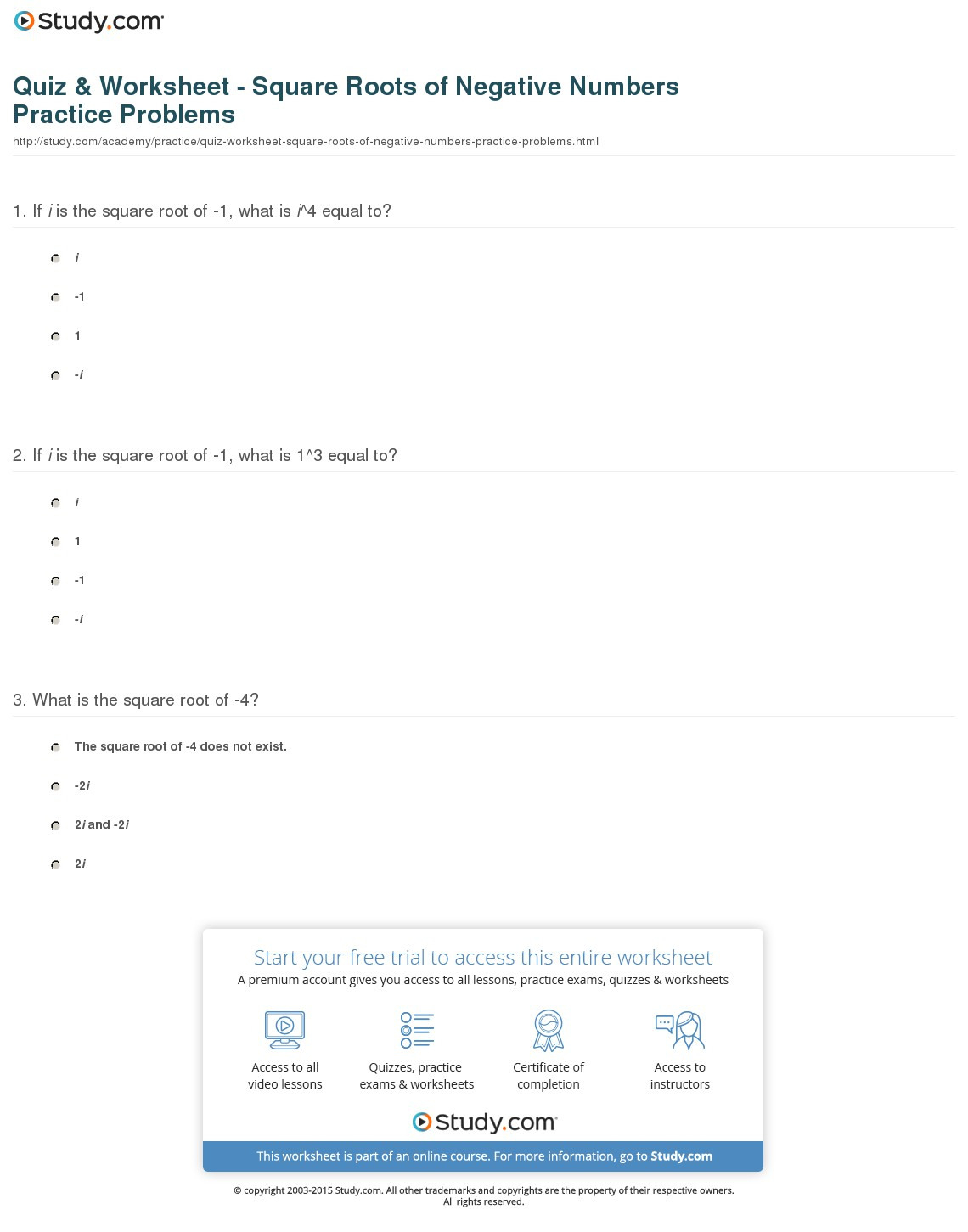 Quiz  Worksheet  Square Roots Of Negative Numbers Practice