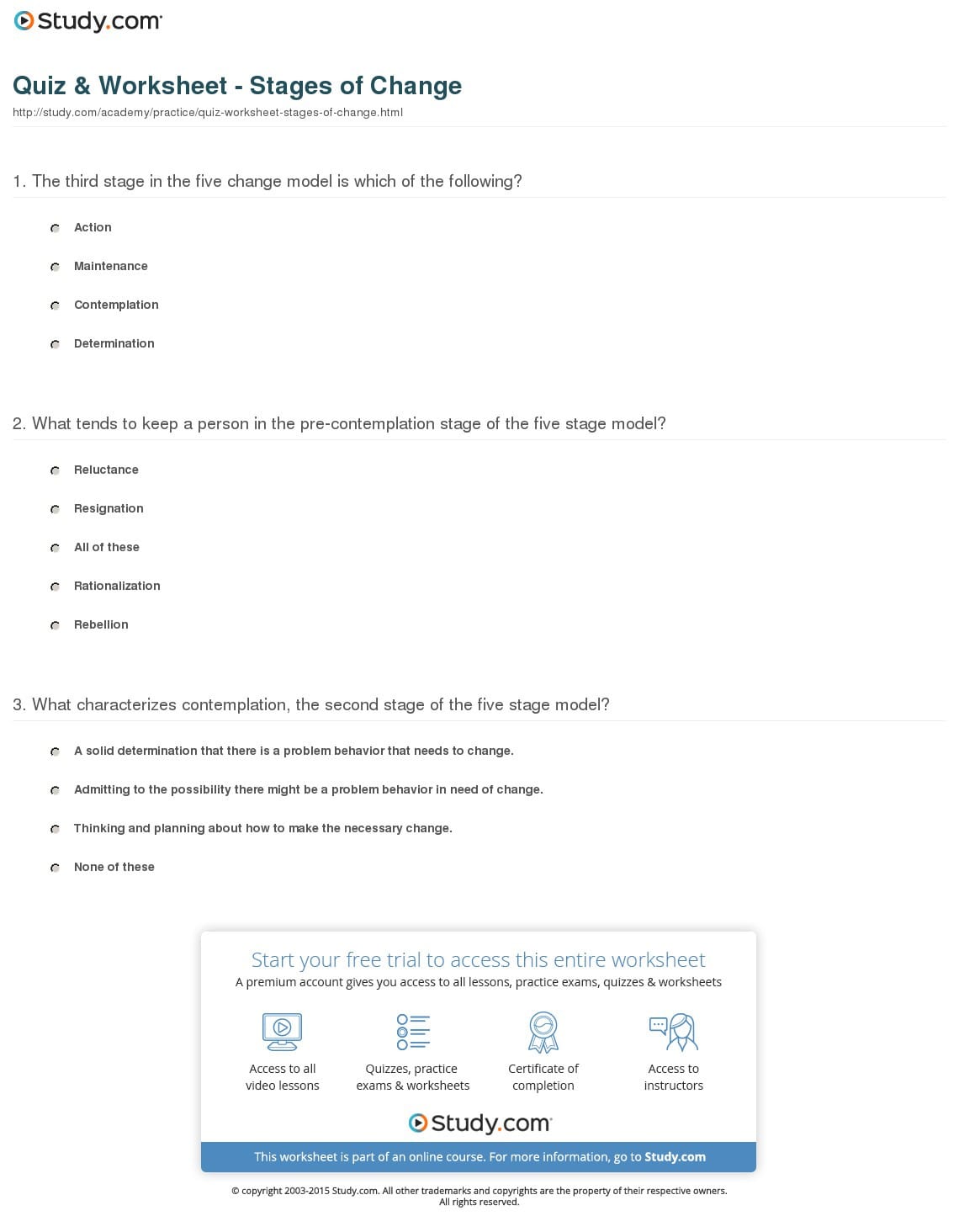 Quiz  Worksheet  Stages Of Change  Study
