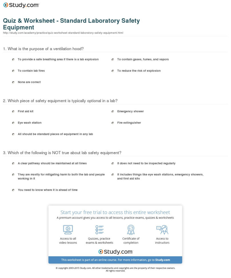 Quiz  Worksheet  Standard Laboratory Safety Equipment