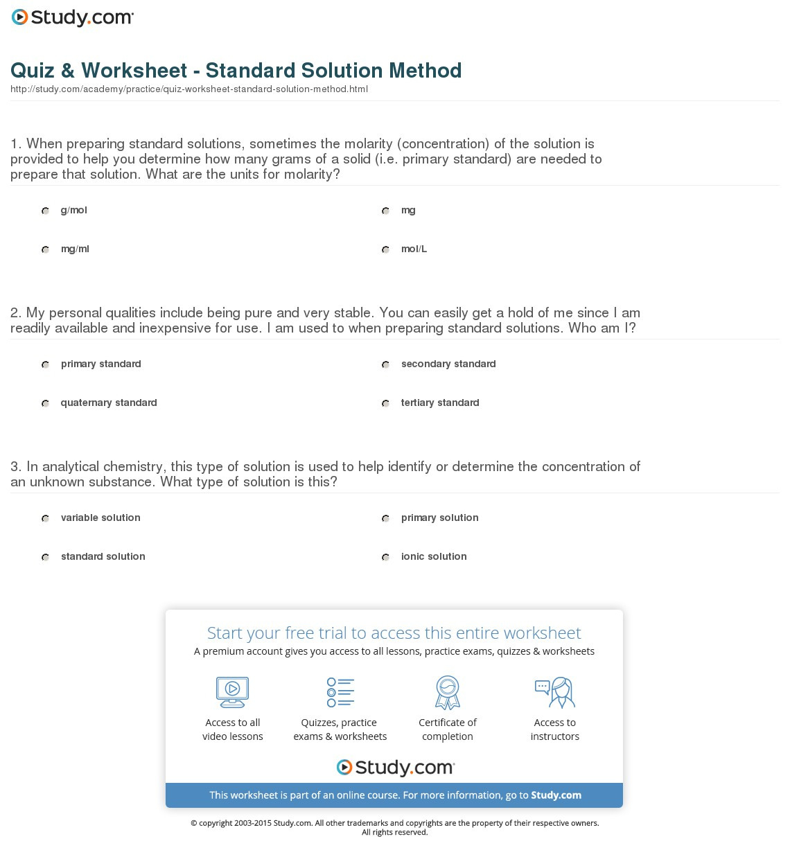 Quiz  Worksheet  Standard Solution Method  Study