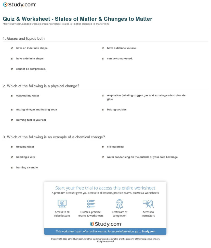 Quiz  Worksheet  States Of Matter  Changes To Matter